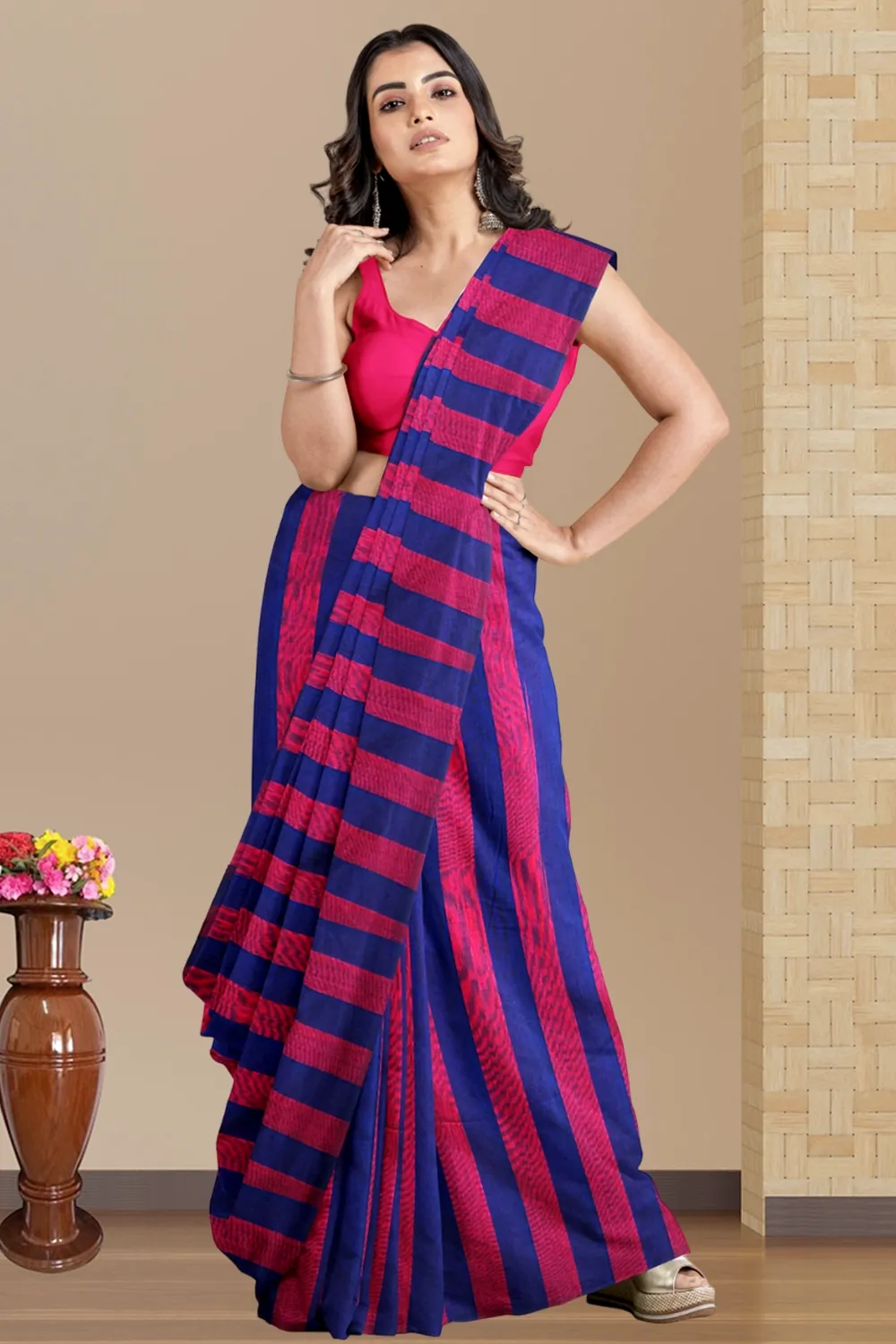 Maroon Blue Pure Cotton Tejal Hand Loom Saree (1198)