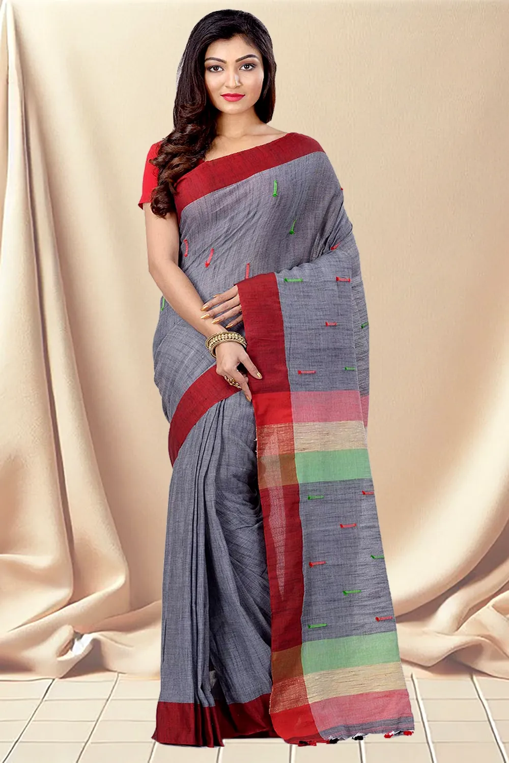 Grey Pure Cotton Clacial Desigined Hand Loom Saree (120)