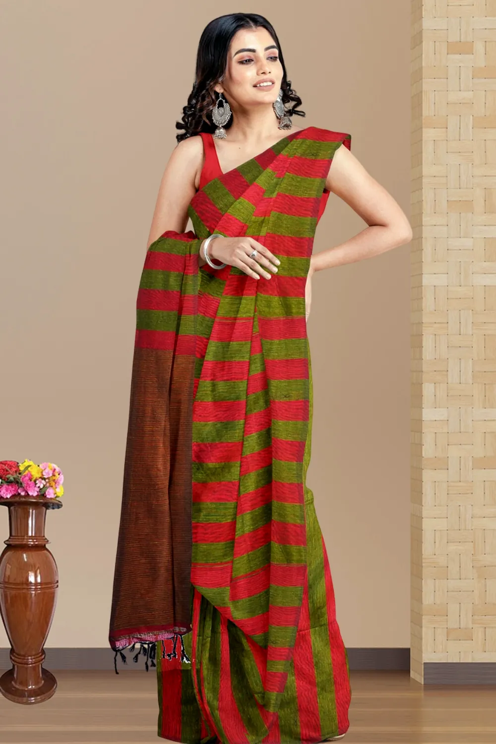 Red Green Pure Cotton Tejal Hand Loom Saree (1200)