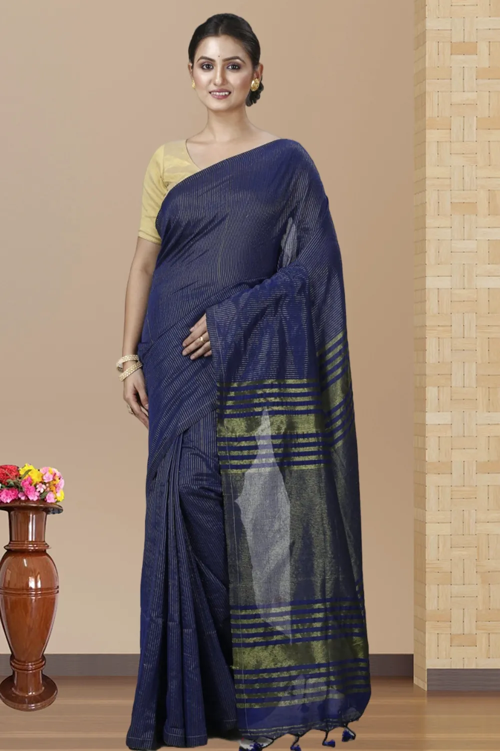 Dark Blue Blended Cotton Tama Hand Loom Saree (1201)