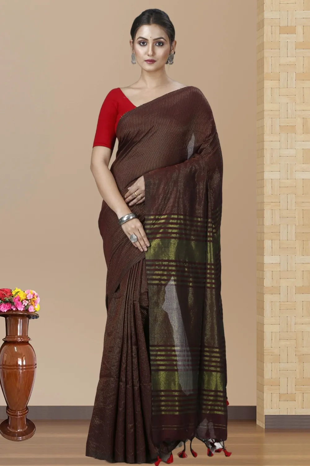 Brown Blended Cotton Tama Hand Loom Saree (1202)
