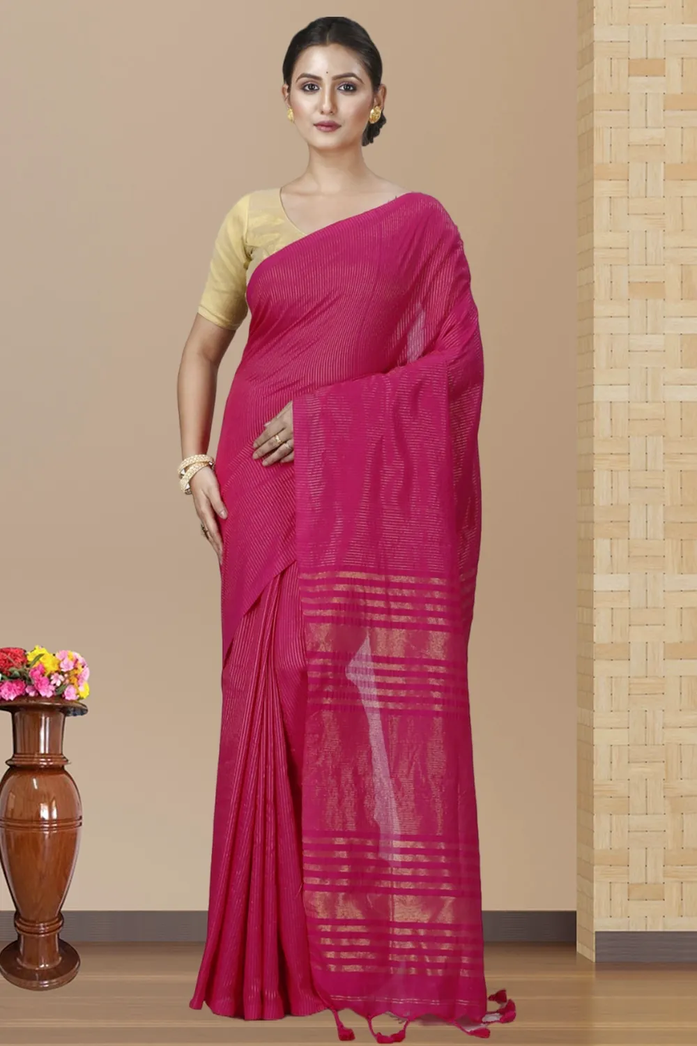 Pink Blended Cotton Tama Hand Loom Saree (1203)