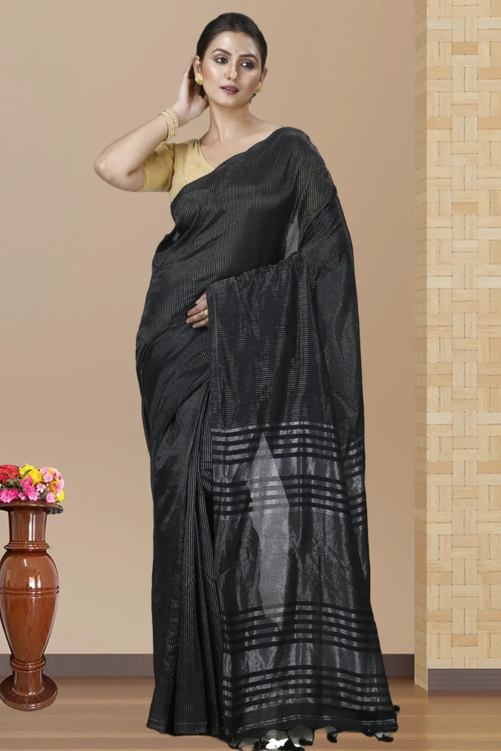 Black Blended Cotton Tama Hand Loom Saree (1204)