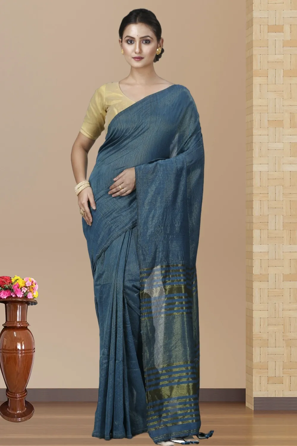 Botel Green Blended Cotton Tama Hand Loom Saree (1205)