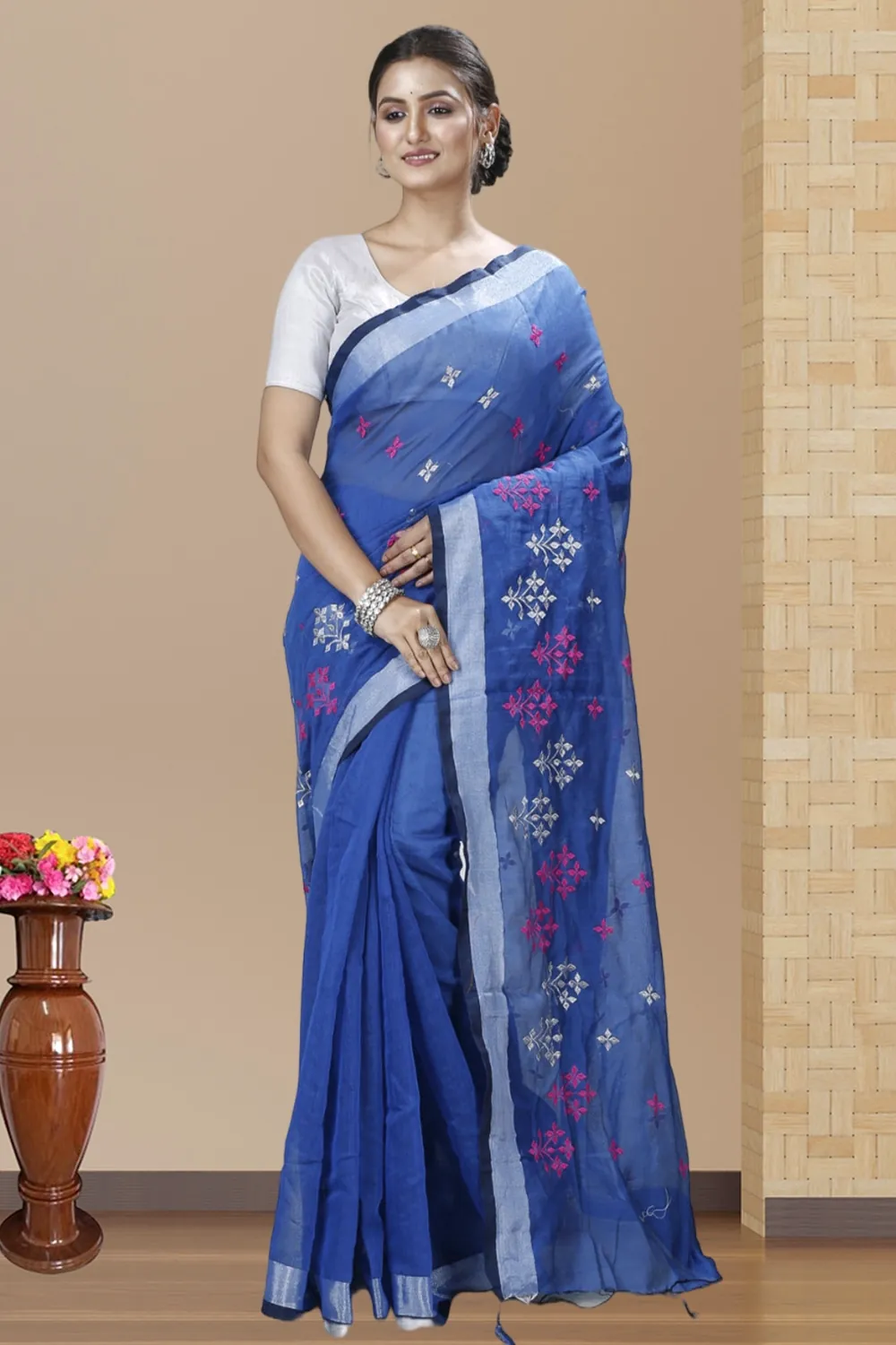 Sky Blue Blended Cotton Tamasi Hand Loom Saree (1207)
