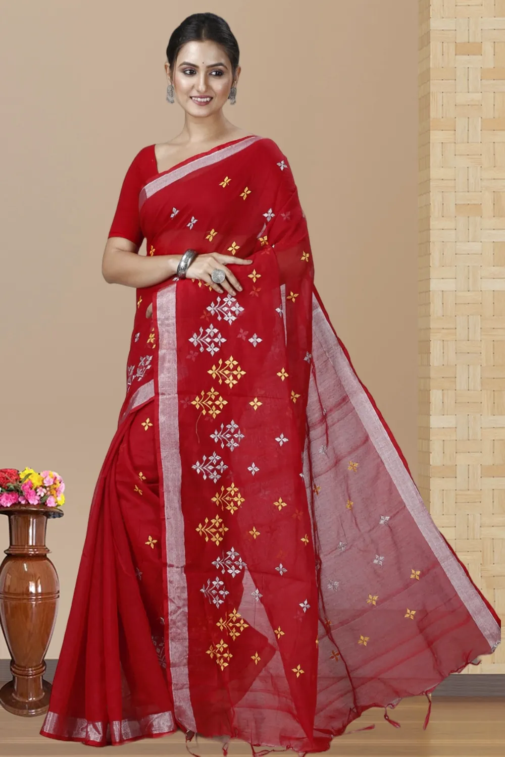 Red Blended Cotton Tamasi Hand Loom Saree (1208)