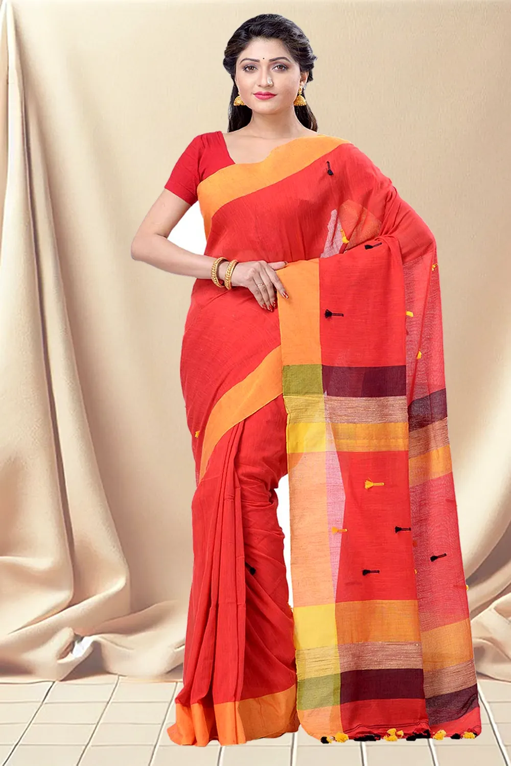Red Pure Cotton Clacial Desigined Hand Loom Saree (121)