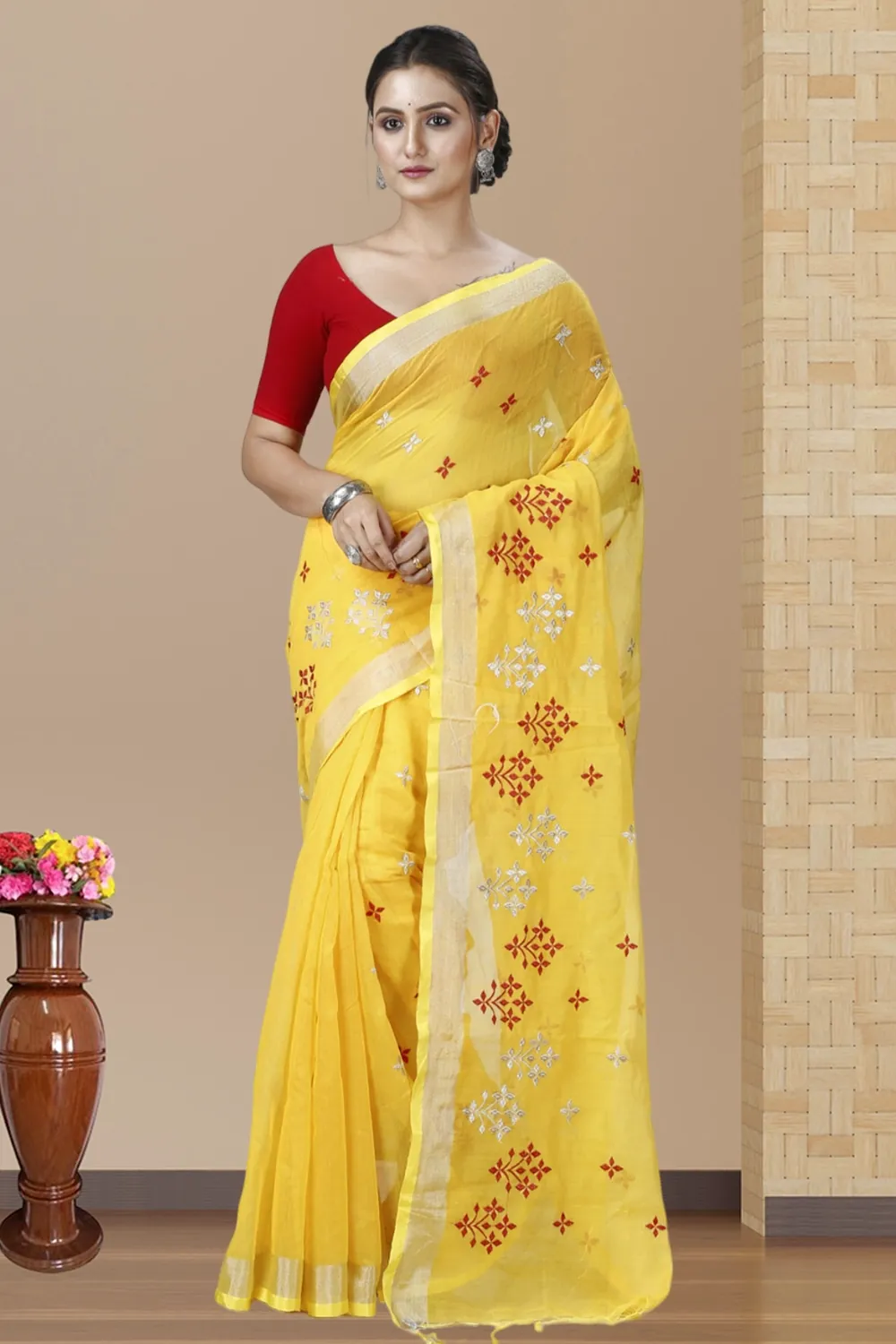 Yellow Blended Cotton Tamasi Hand Loom Saree (1211)