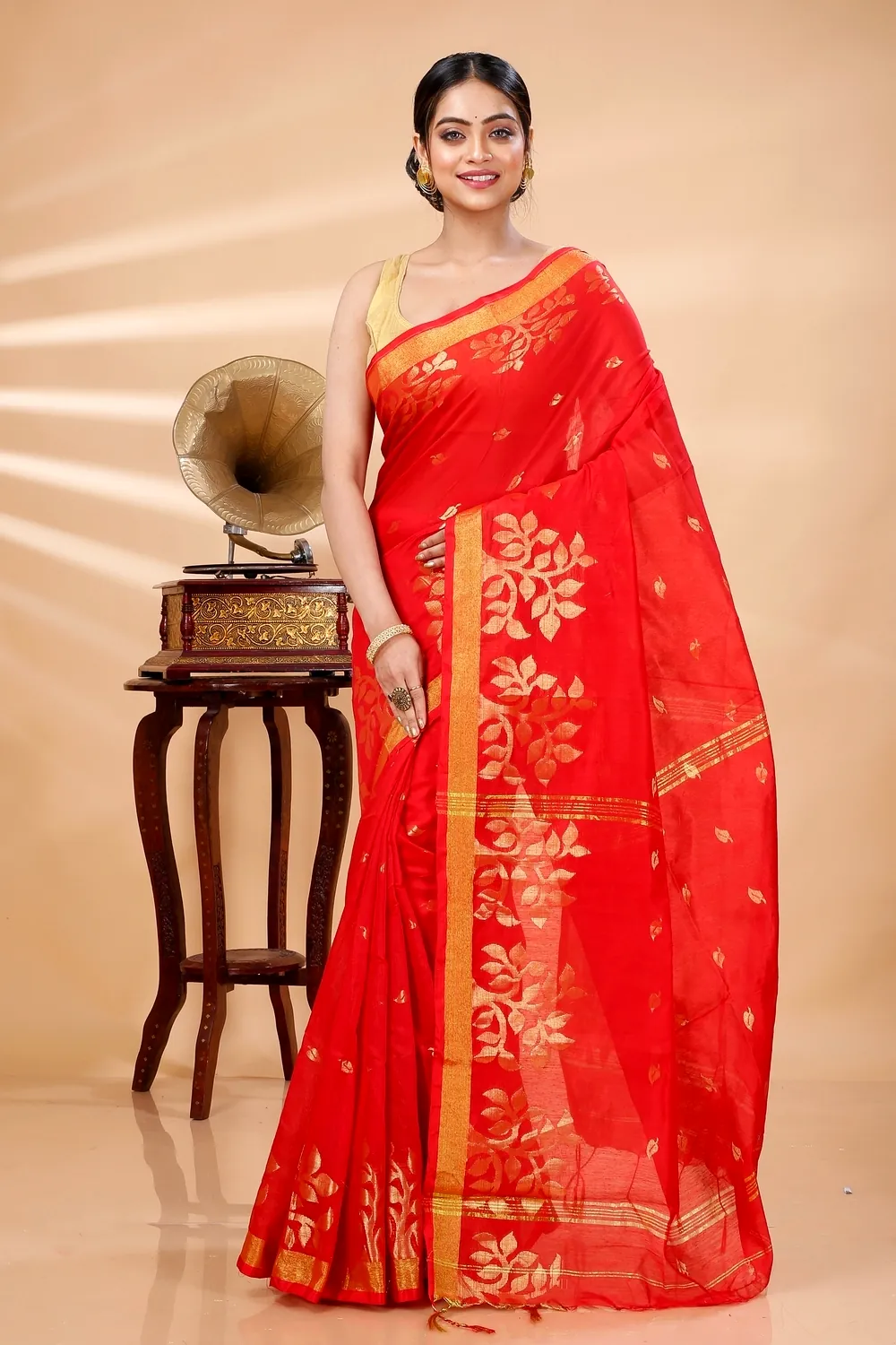 Red Blended Cotton Tina Hand Loom Saree (1213)