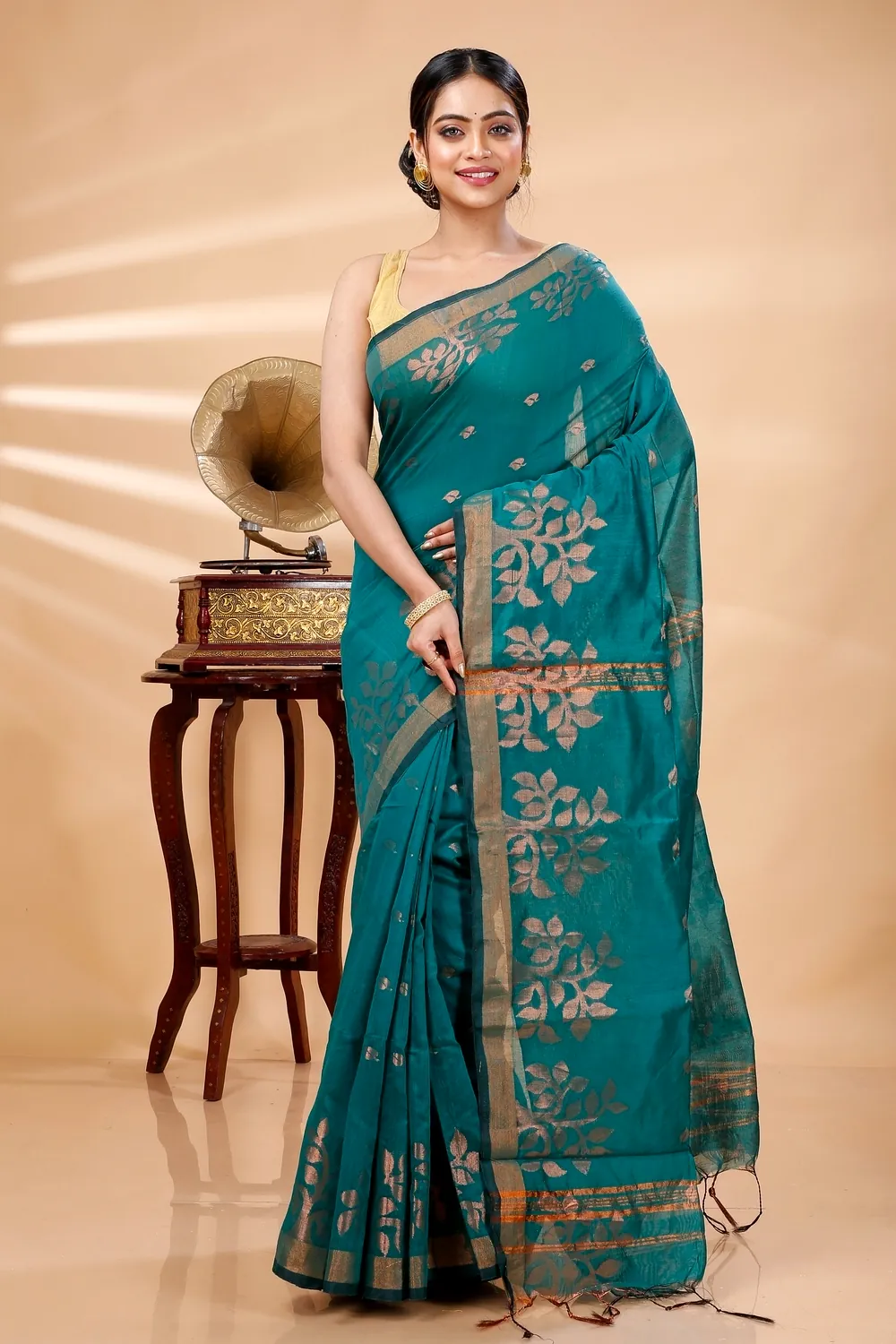 Botel Green Blended Cotton Tina Hand Loom Saree (1216)