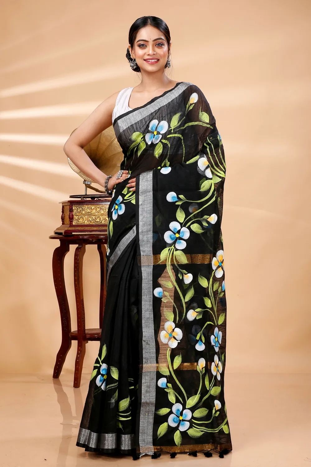 Black Blended Cotton Tonika Hand Painted Saree (1217)