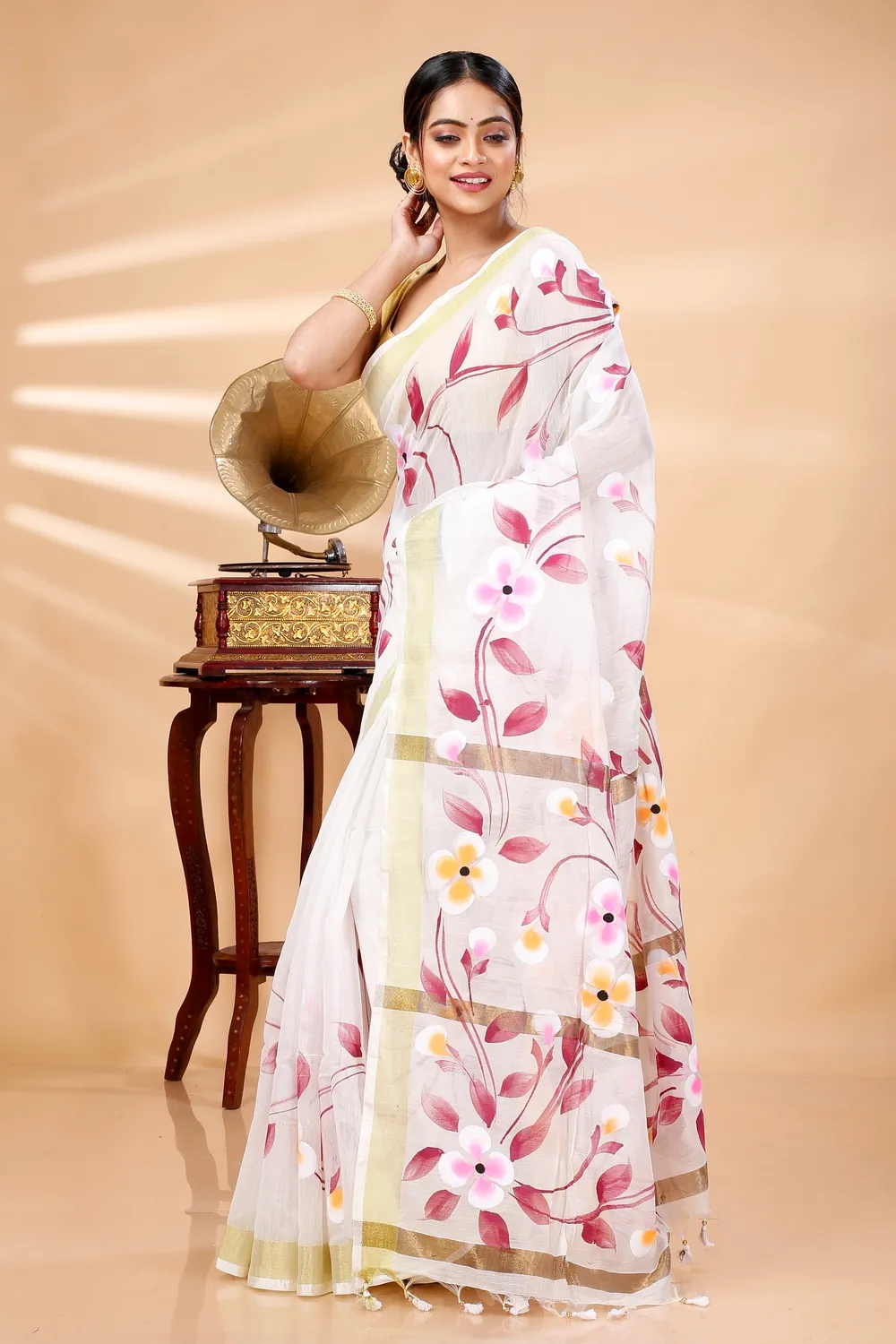 Cream Blended Cotton Tonika Hand Painted Saree (1218)