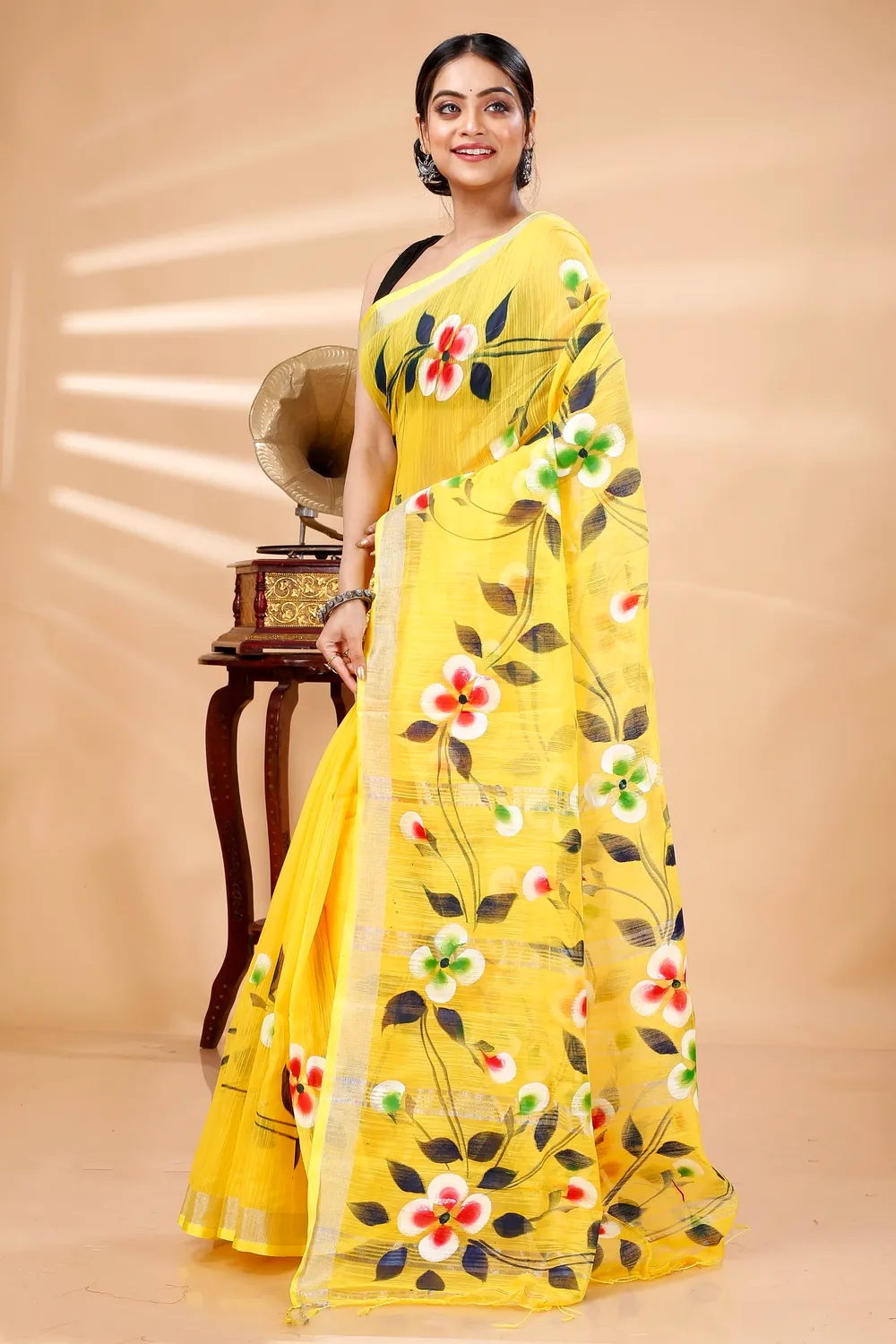 Yellow Blended Cotton Tonika Hand Painted Saree (1219)