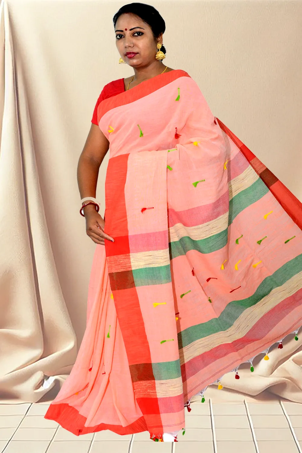Pink Pure Cotton Clacial Desigined Hand Loom Saree (122)