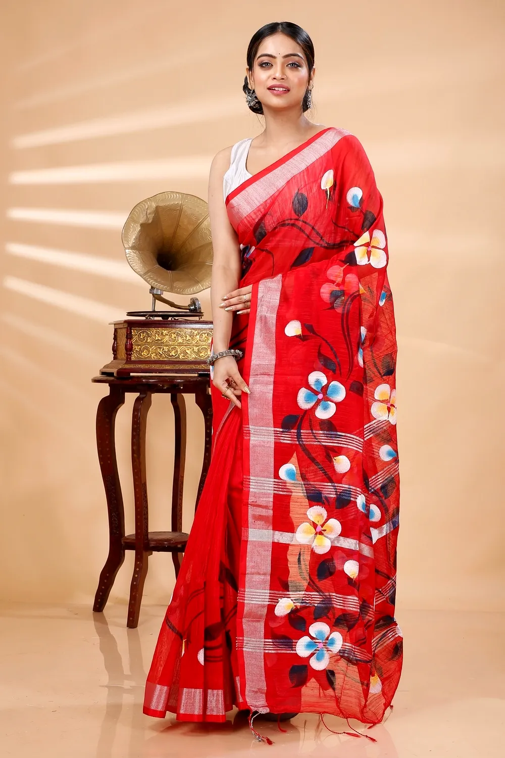 Red Blended Cotton Tonika Hand Painted Saree (1220)