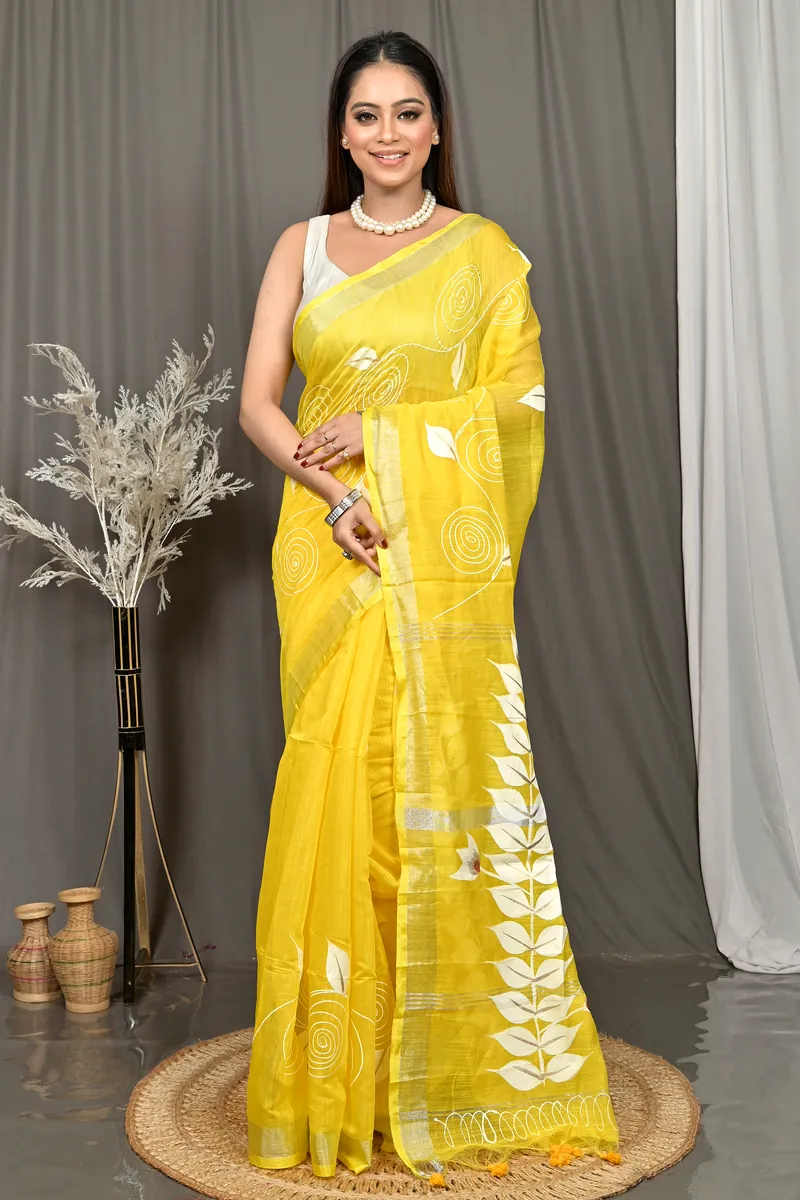 Yellow Cotton Souvar Hand Painted Saree  (123)