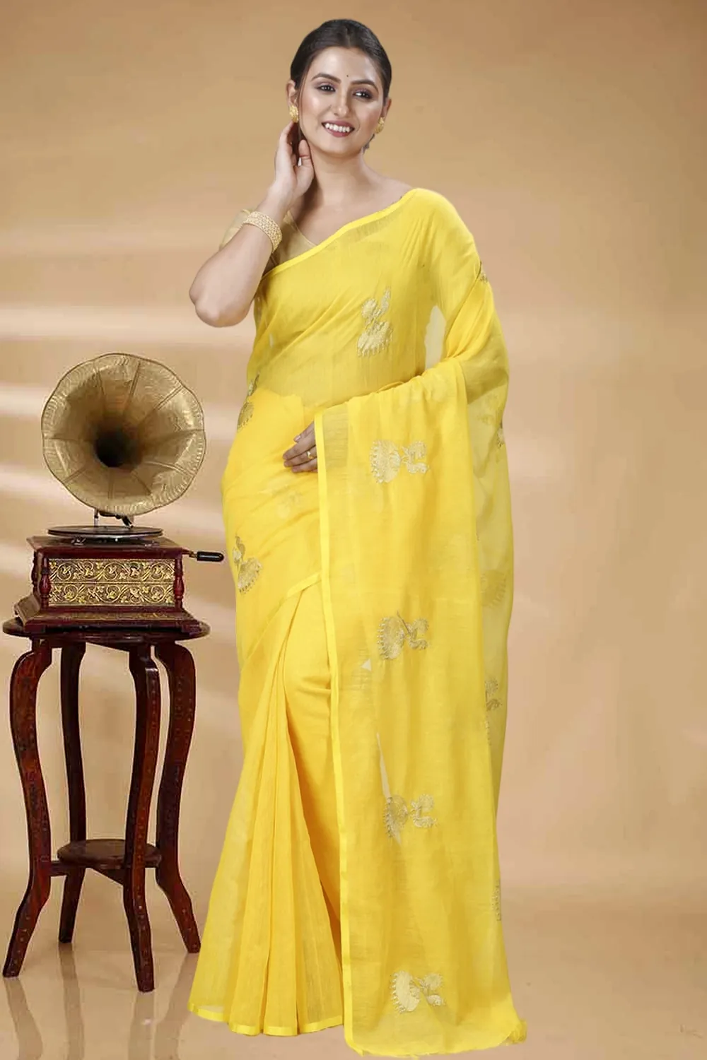 Yellow Blended Cotton Tuli Hand Loom Saree (1235)