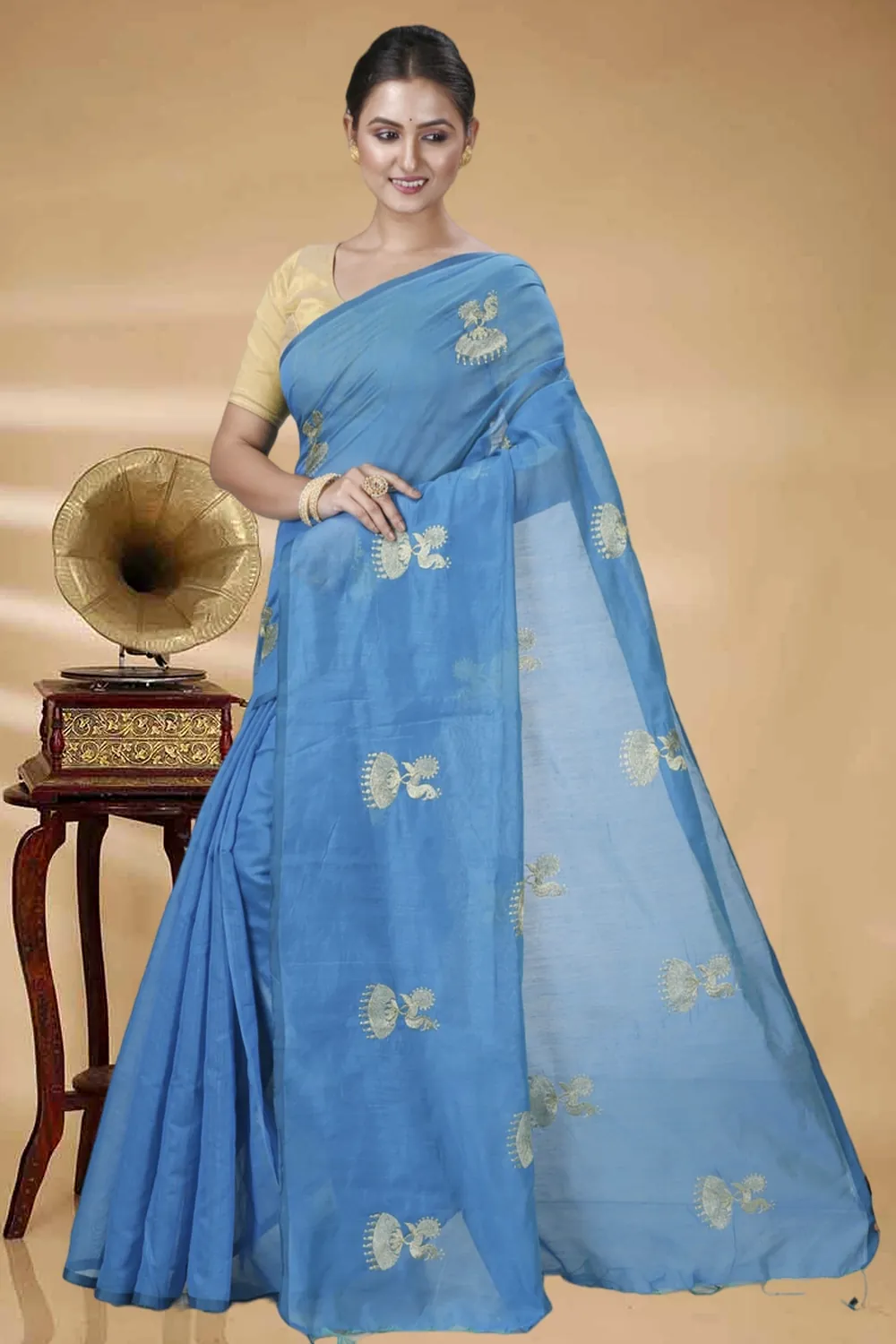 Sky Blue Blended Cotton Tuli Hand Loom Saree (1238)