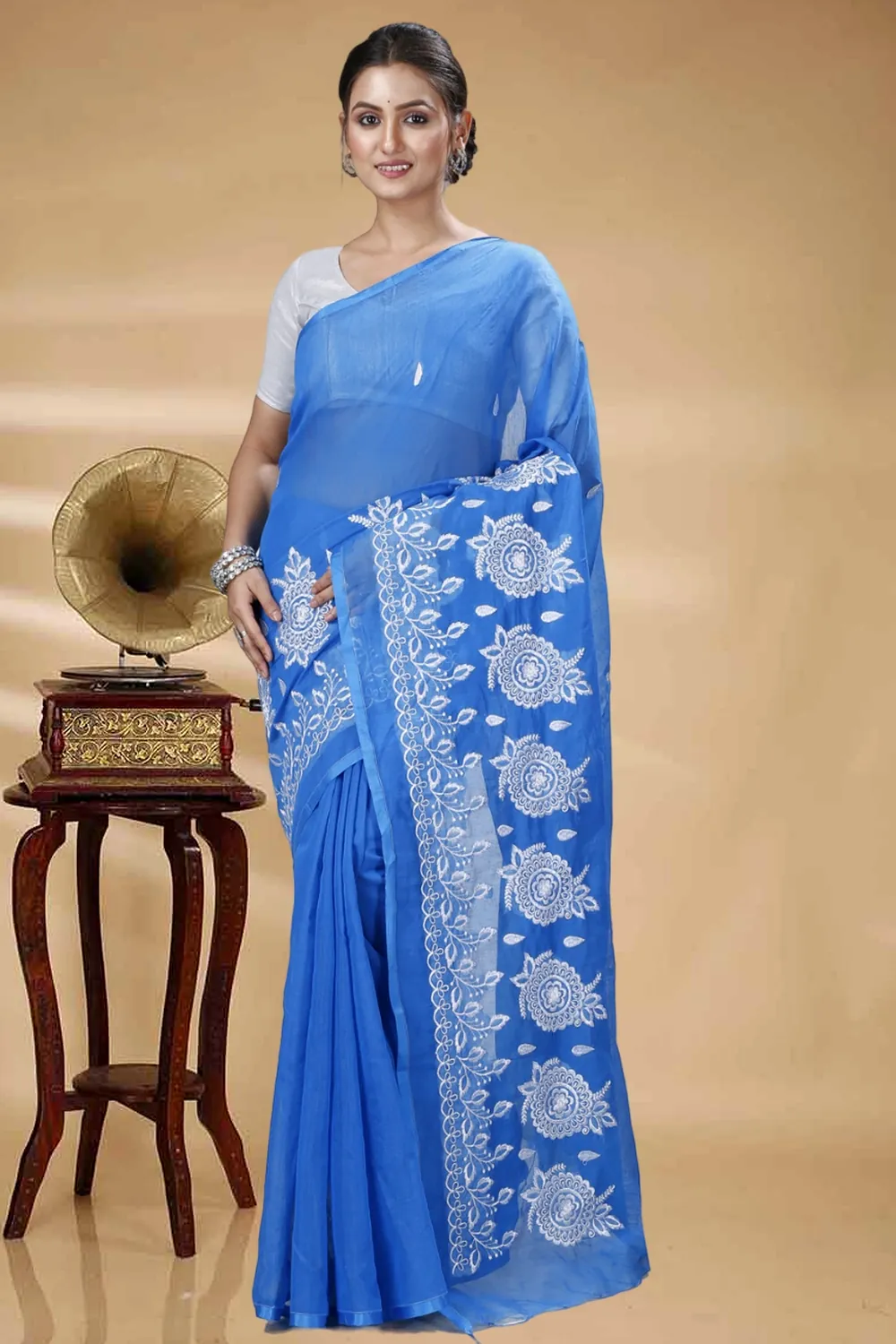 Sky Blue Blended Cotton Tabu Hand Loom Saree (1239)