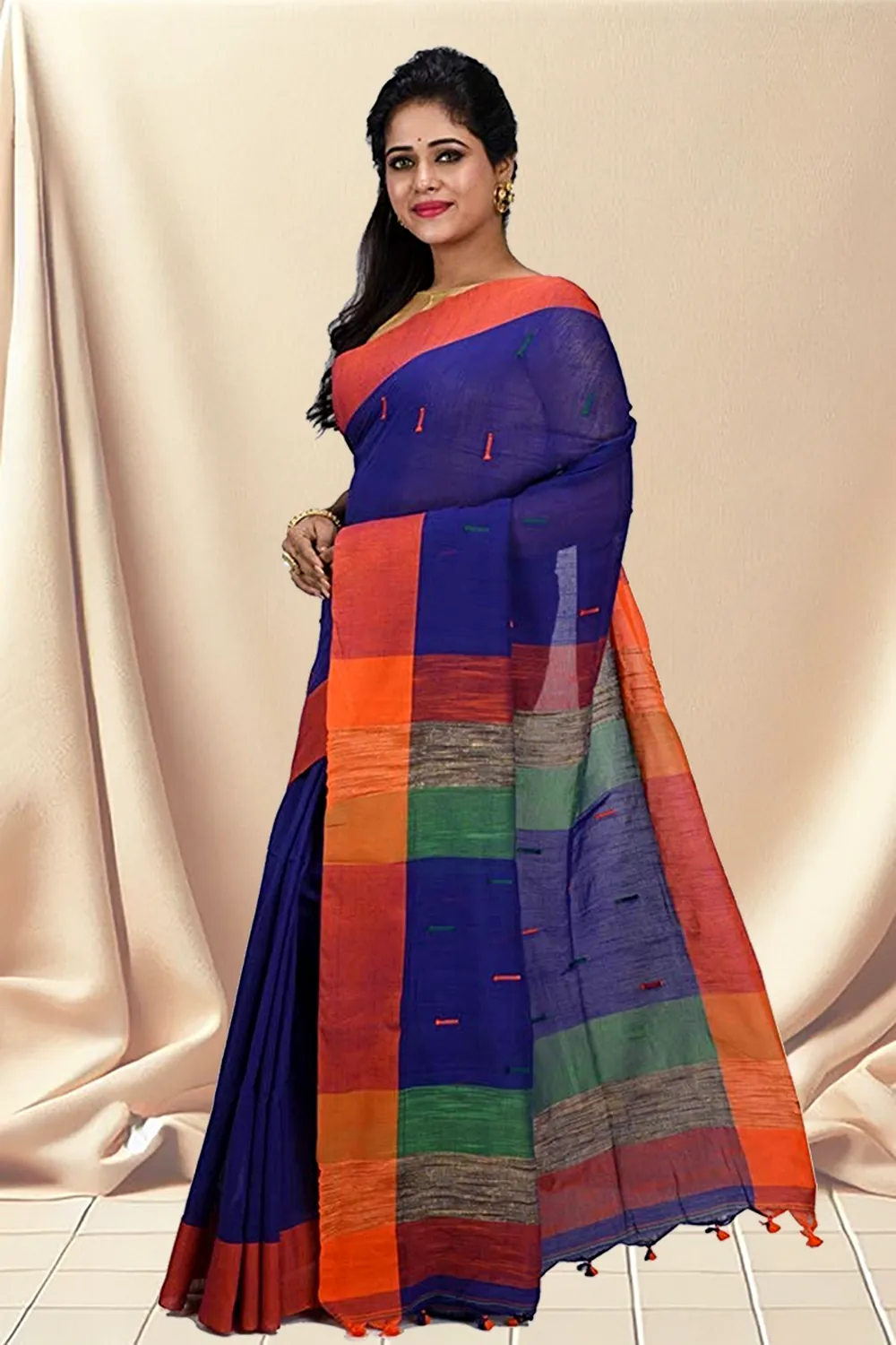 Blue Pure Cotton Clacial Desigined Hand Loom Saree (124)