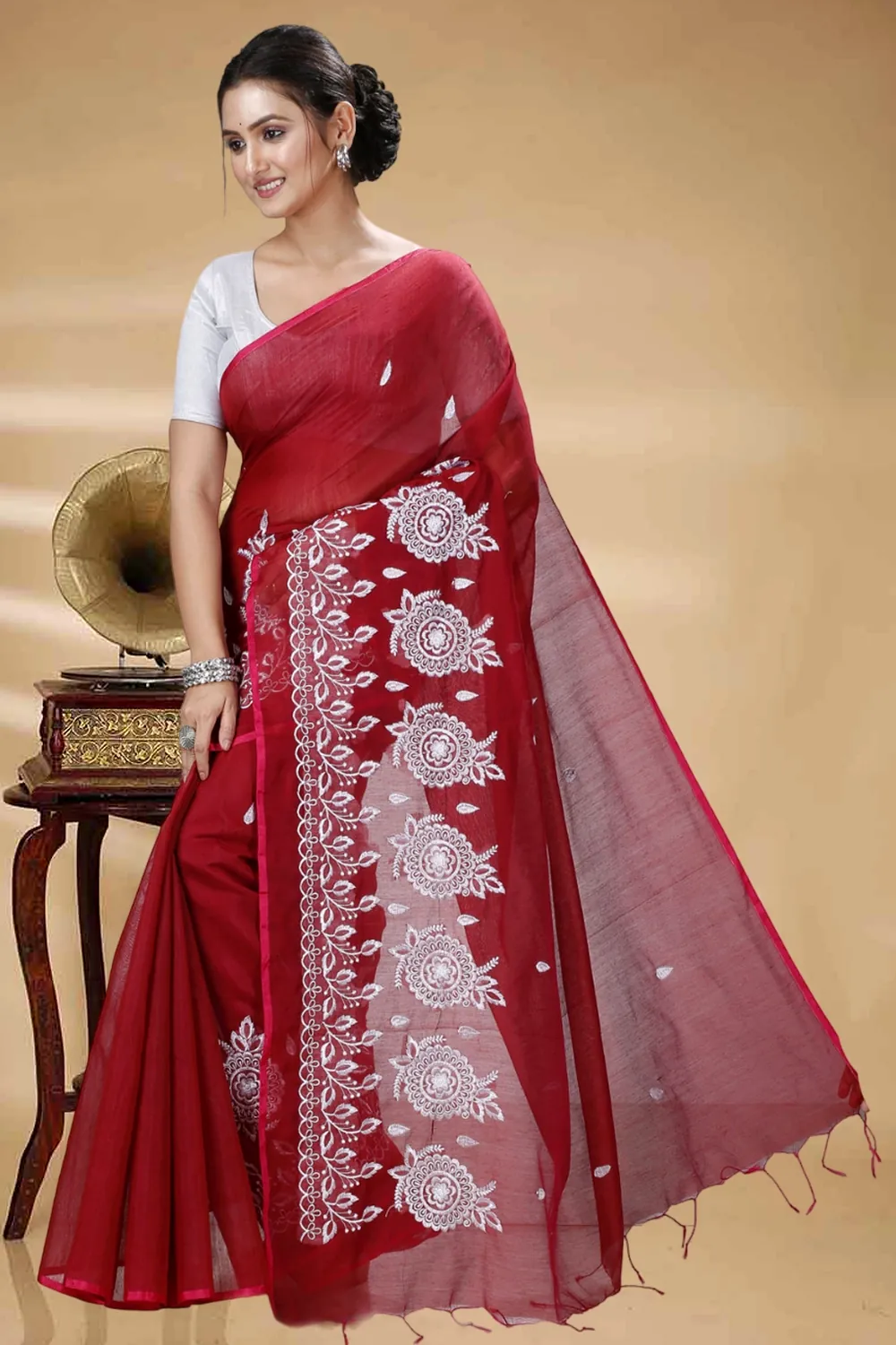 Marun Blended Cotton Tabu Hand Loom Saree (1240)