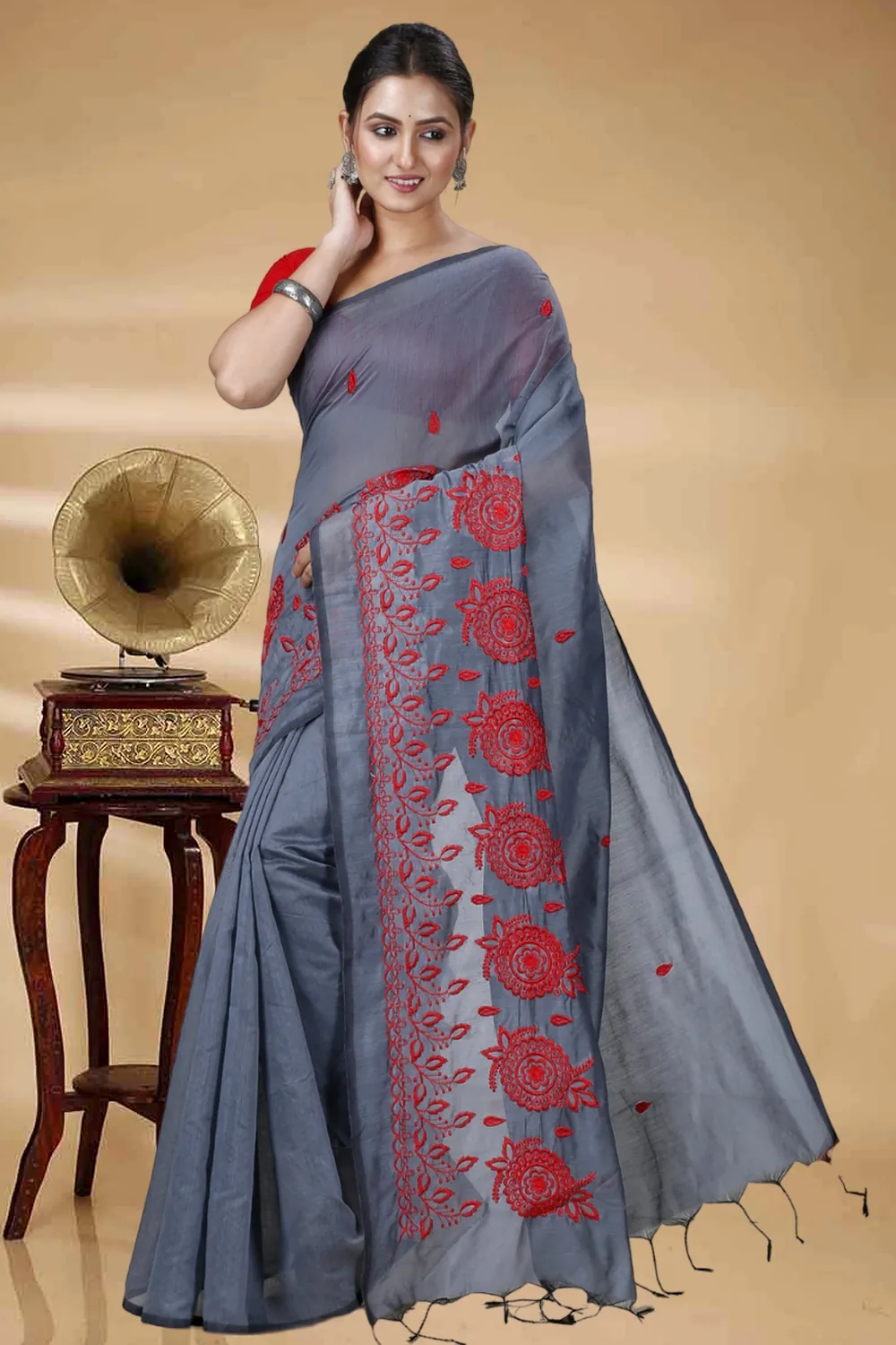 Grey Blended Cotton Tabu Hand Loom Saree (1241)