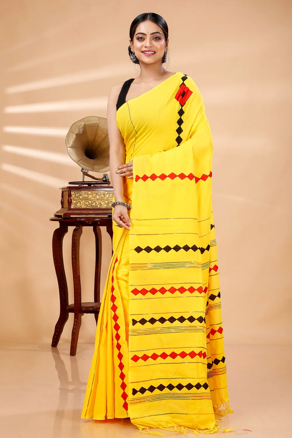 Yellow Pure Cotton Tika Applique Saree (1244)