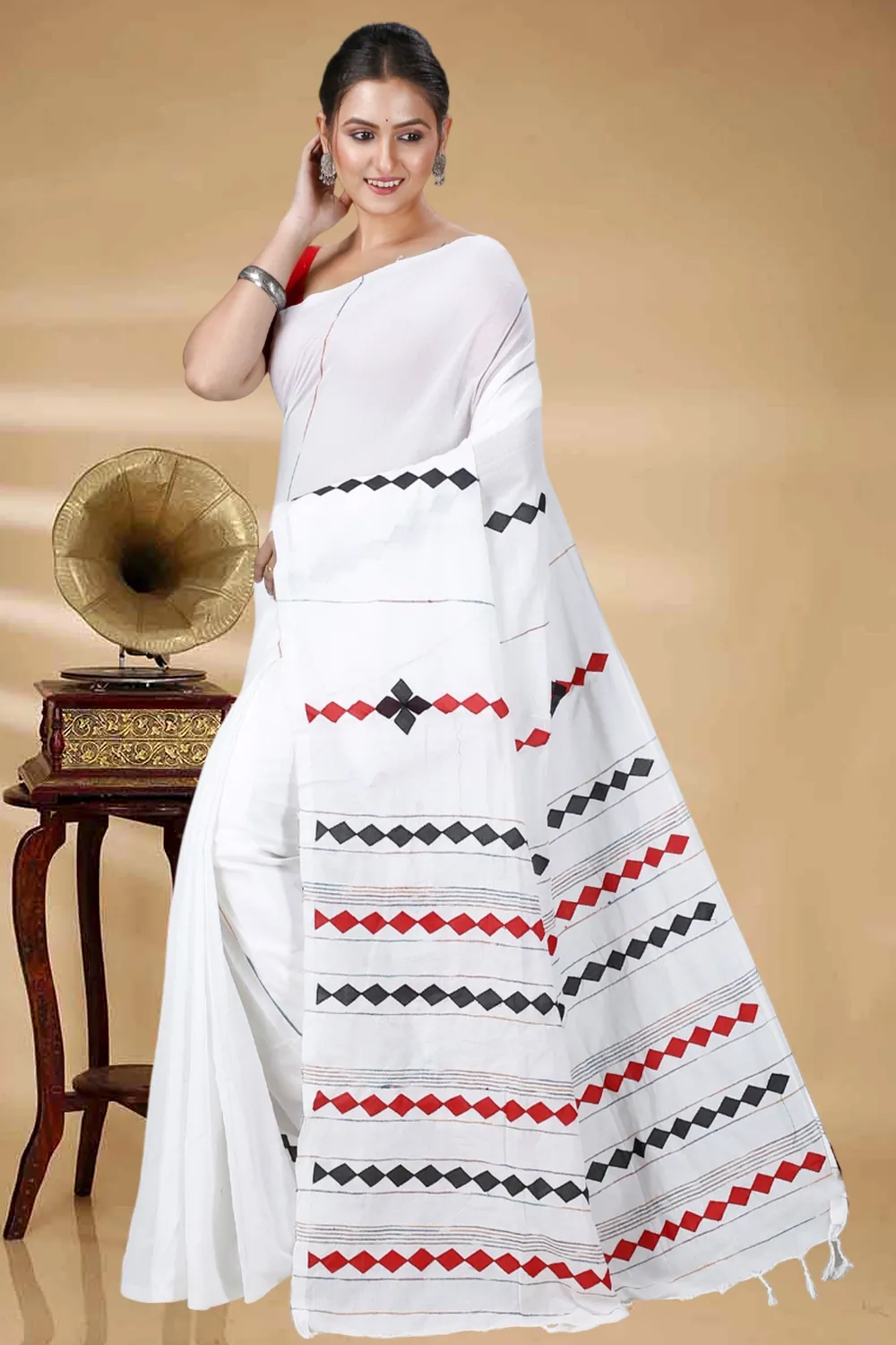 White Pure Cotton Tika Applique Saree (1245)