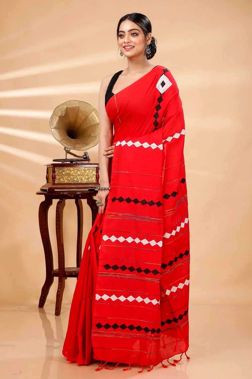 Red Pure Cotton Tika Applique Saree (1247)