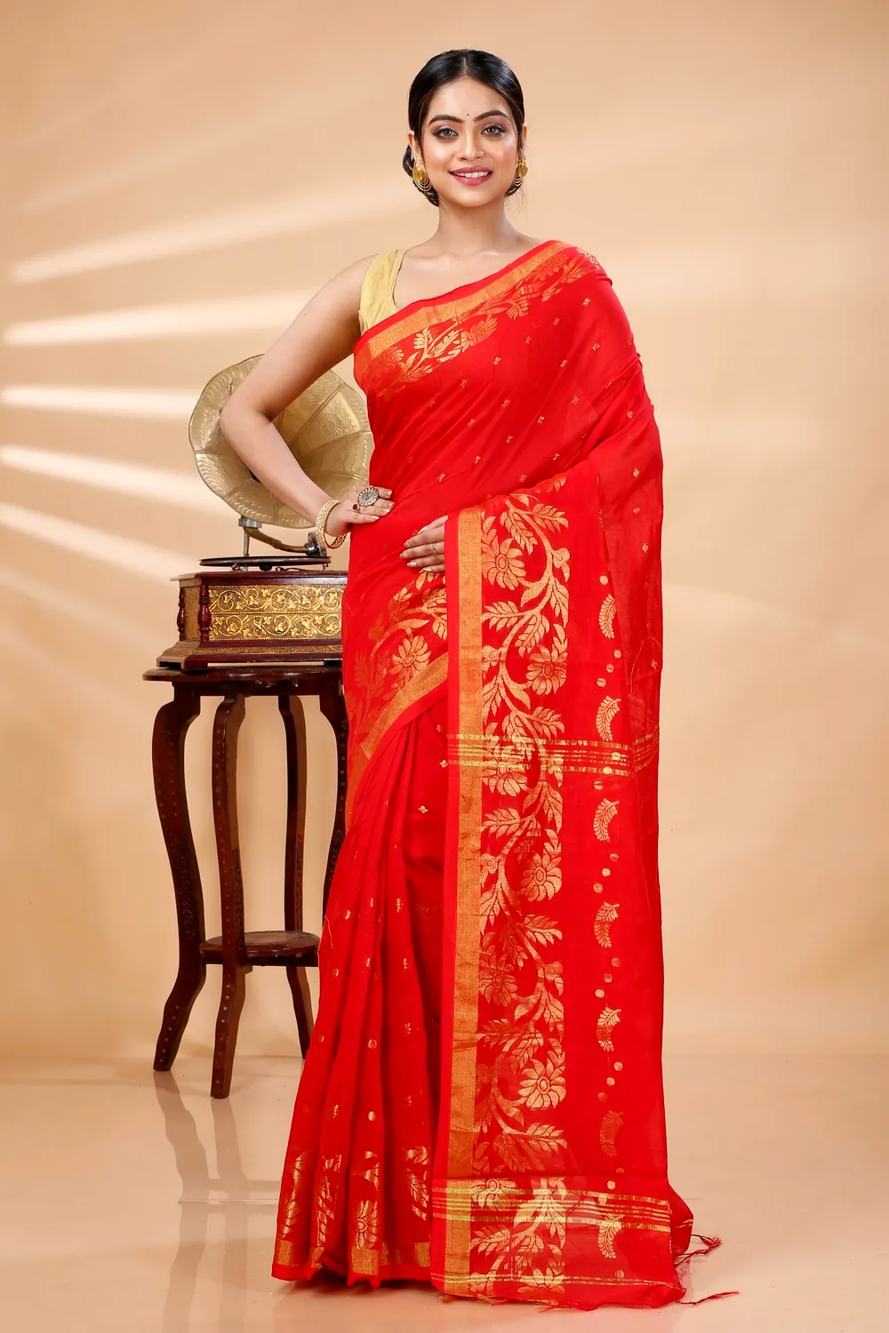 Red Blended Cotton Turik Hand Loom Saree (1248)