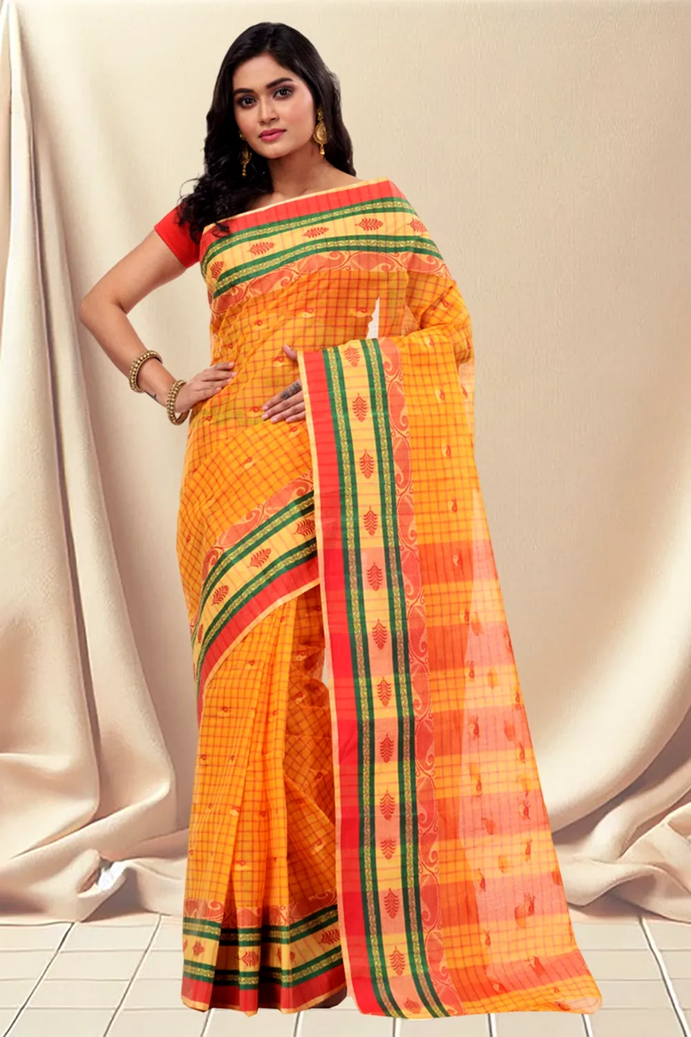 Yellow Pure Cotton ChakButi Tant Saree (125)