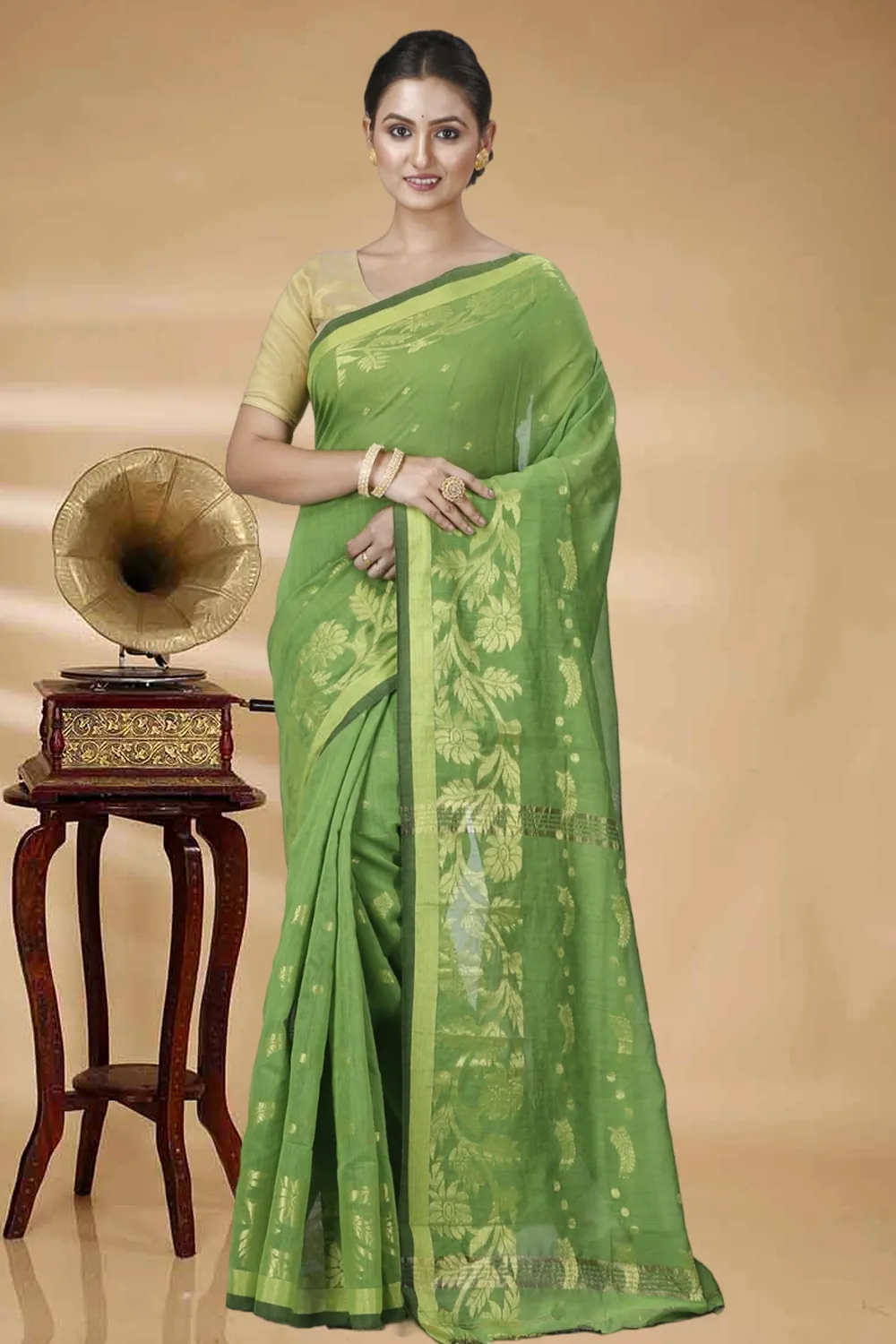 Green Blended Cotton Turik Hand Loom Saree (1250)