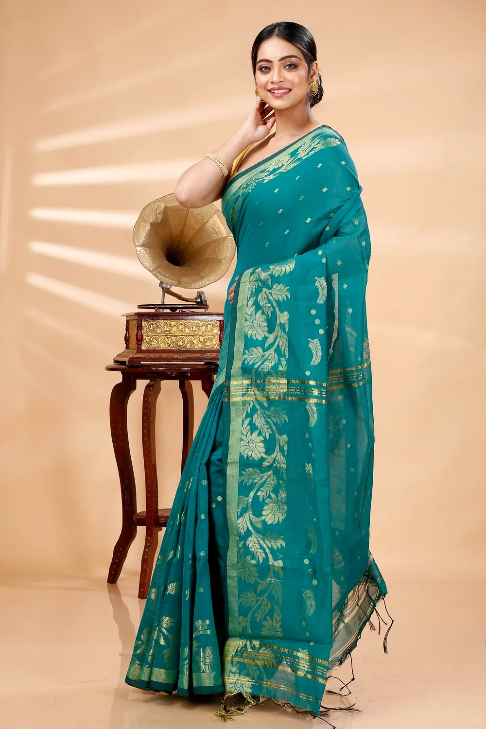 See Green Blended Cotton Turik Hand Loom Saree (1251)