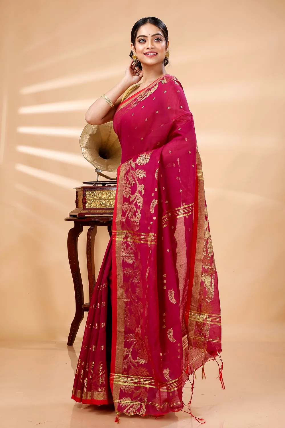 Maroon Blended Cotton Turik Hand Loom Saree (1252)