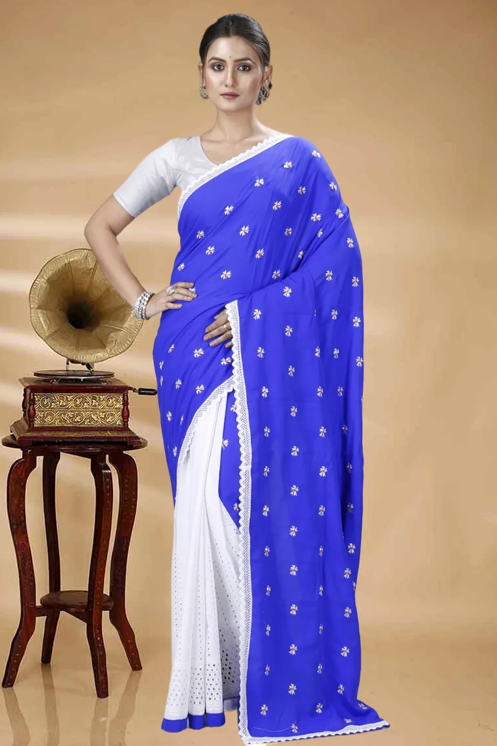 Blue White Pure Cotton LalPori Hand Loom Saree (1254)