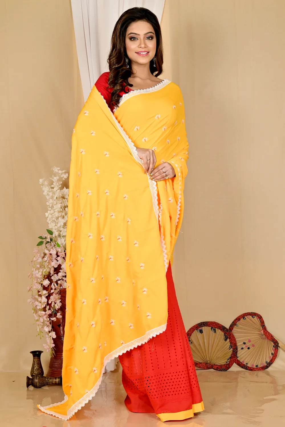 Yellow Red Pure Cotton LalPori Hand Loom Saree (1255)
