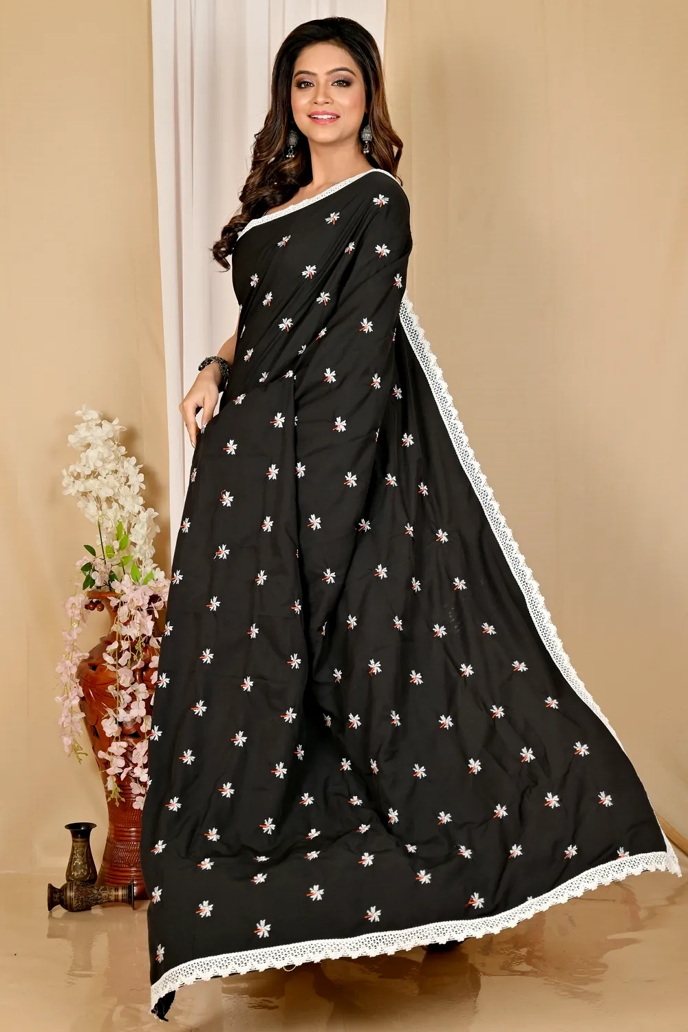 Black White Pure Cotton LalPori Hand Loom Saree (1256)