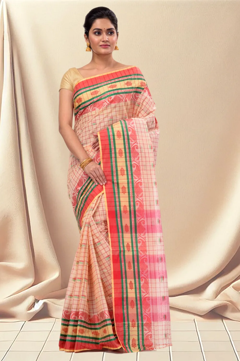 White Pure Cotton ChakButi Tant Saree (126)