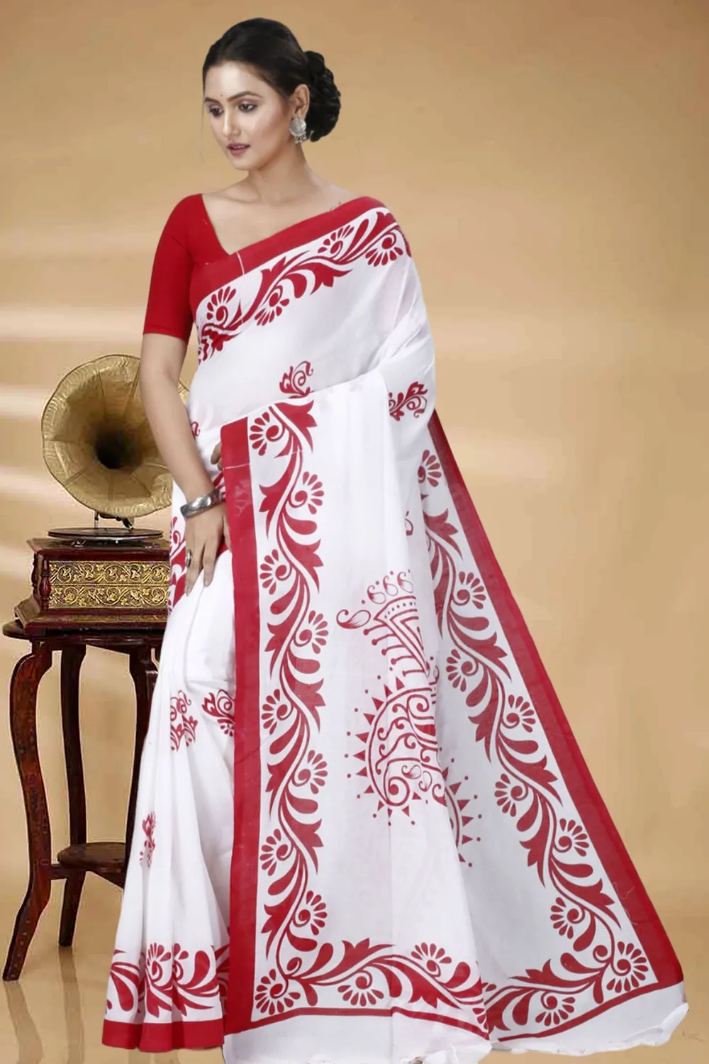 White Pure Cotton Teba Printed Handloom Saree (1261)
