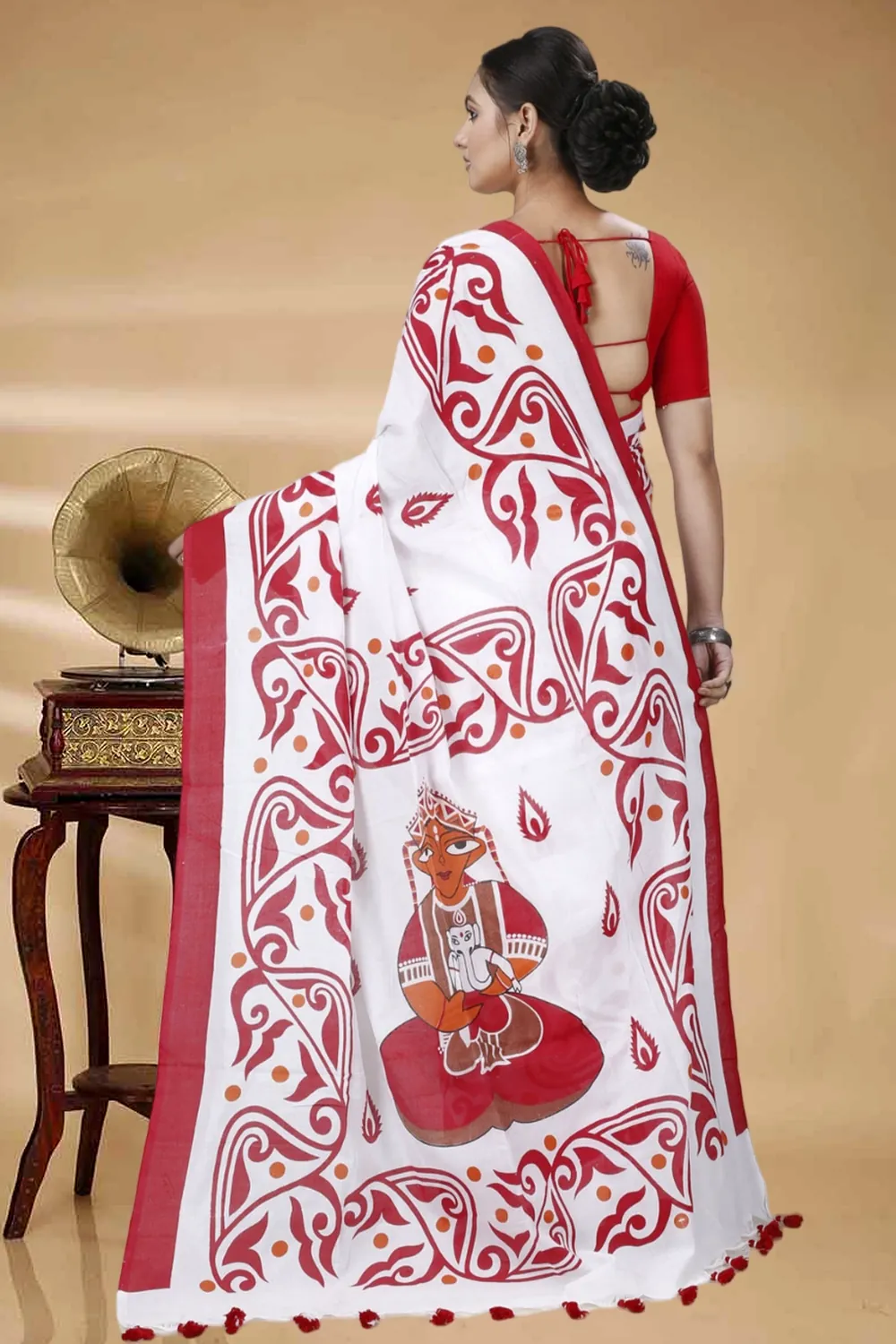 Red White Pure Cotton Teba Printed Handloom Saree (1262)