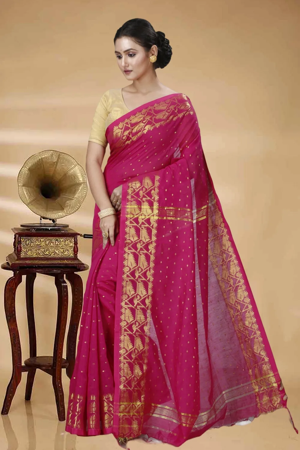 Pink Blended Cotton Temo Hand Loom Saree (1263)
