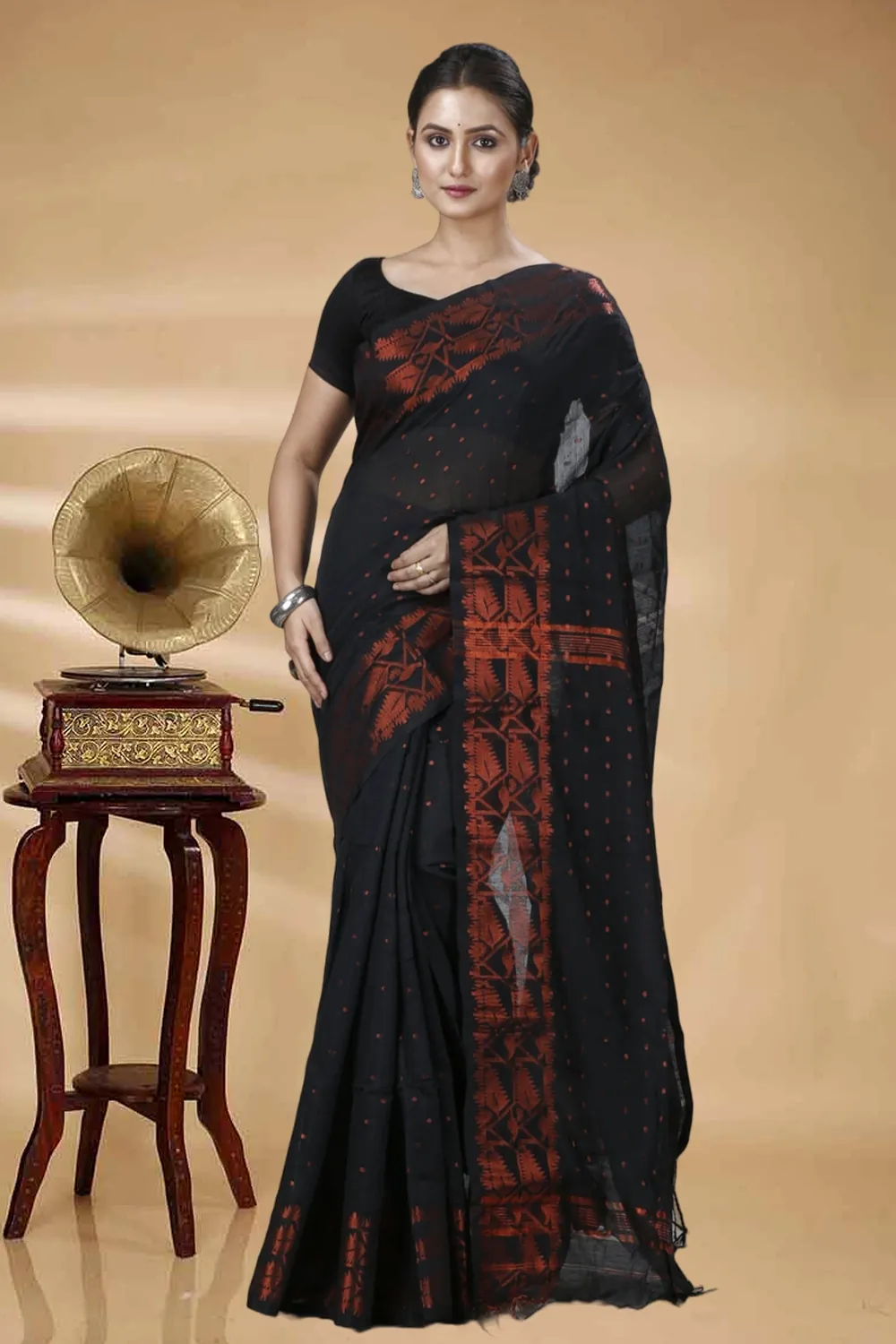 Black Blended Cotton Temo Hand Loom Saree (1264)