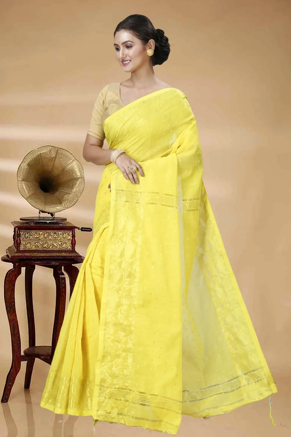 Yellow Blended Cotton Temo Hand Loom Saree (1266)