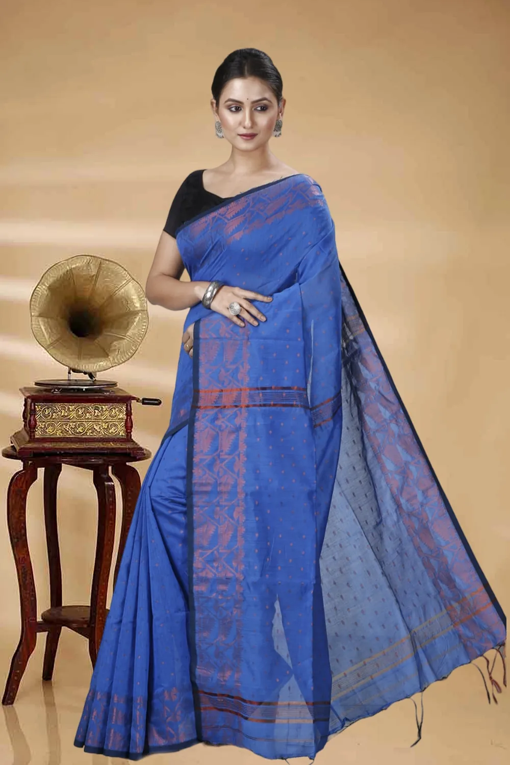 Blue Blended Cotton Temo Hand Loom Saree (1268)