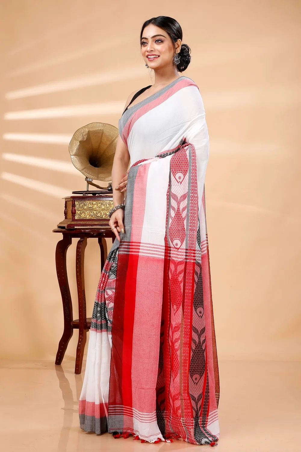 White Red Pure Cotton Marine Hand Loom Saree (1277)