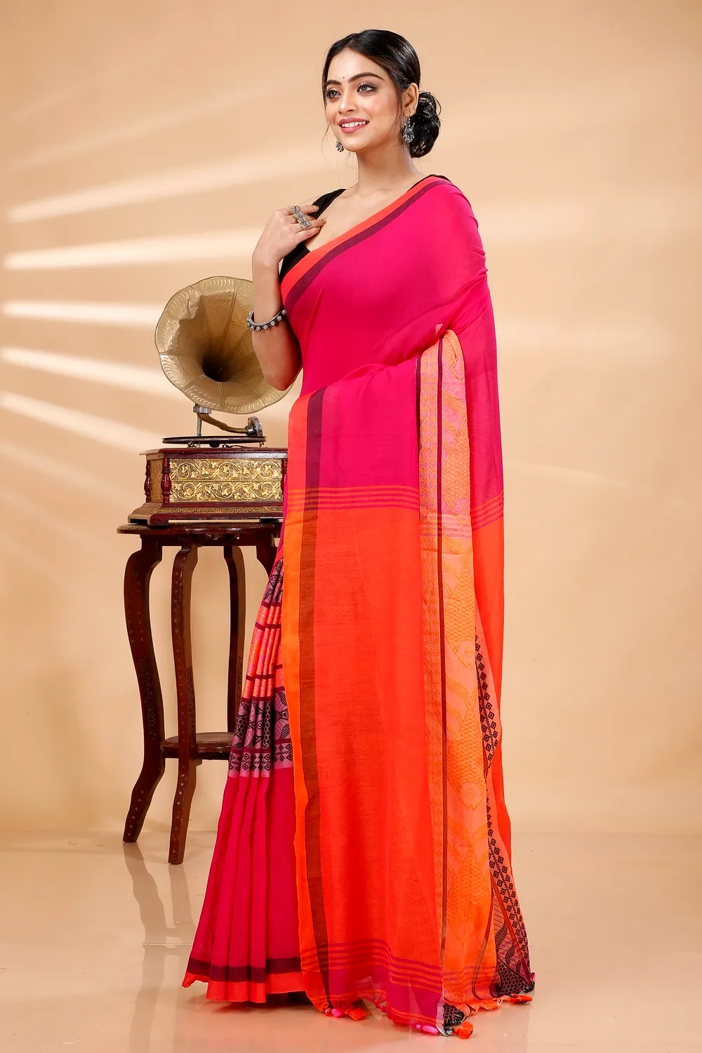 Pink Orange Pure Cotton Marine Hand Loom Saree (1278)