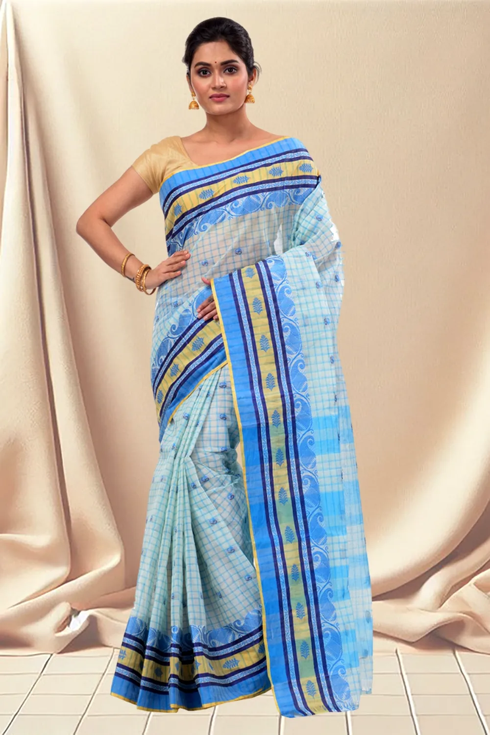 Off-White Pure Cotton ChakButi Tant Saree (128)