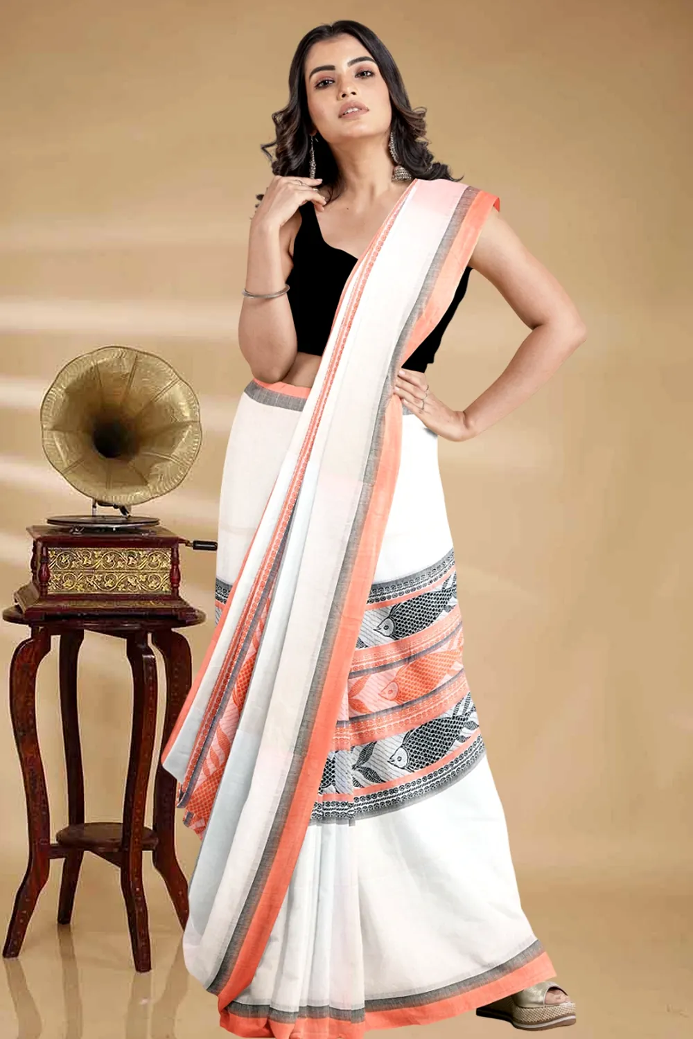 White Orange Pure Cotton Marine Hand Loom Saree (1280)