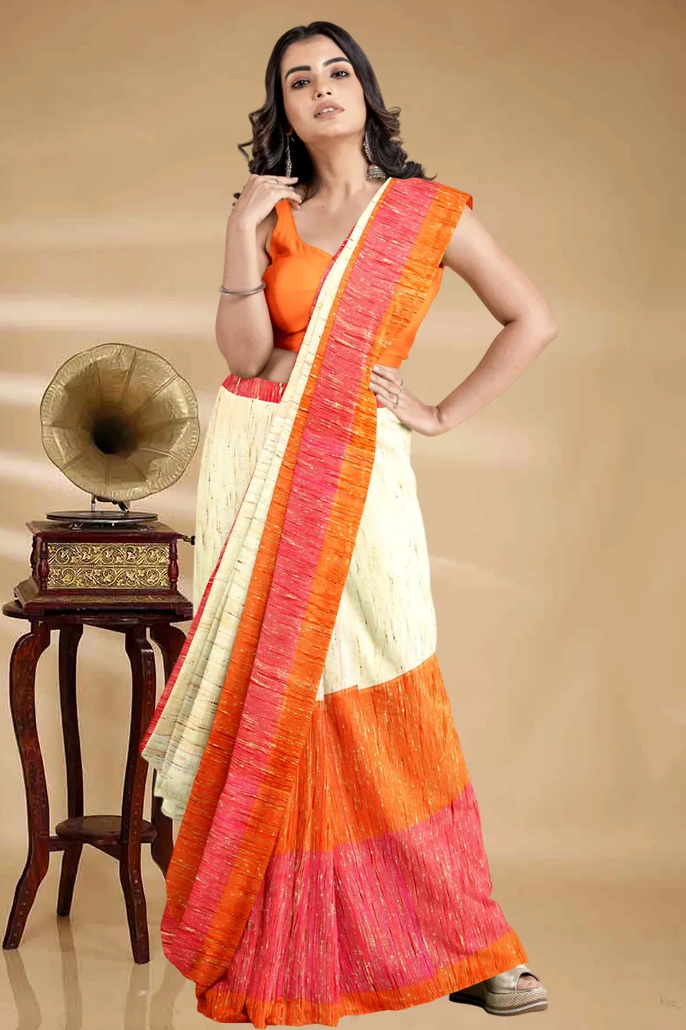 Orange White Pure Cotton Kusu Hand Loom Saree (1281)