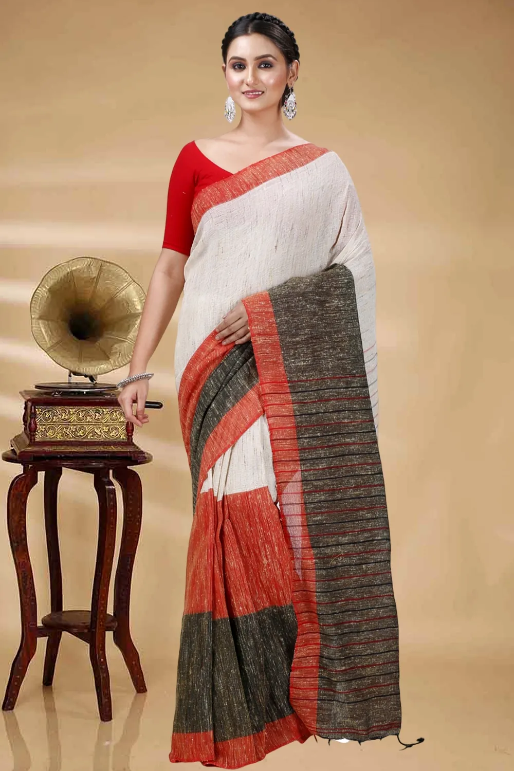 Red White Pure Cotton Kusu Hand Loom Saree (1282)